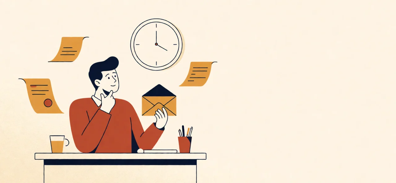 Illustration of a freelancer at a desk looking at an envelope and clock while documents float around