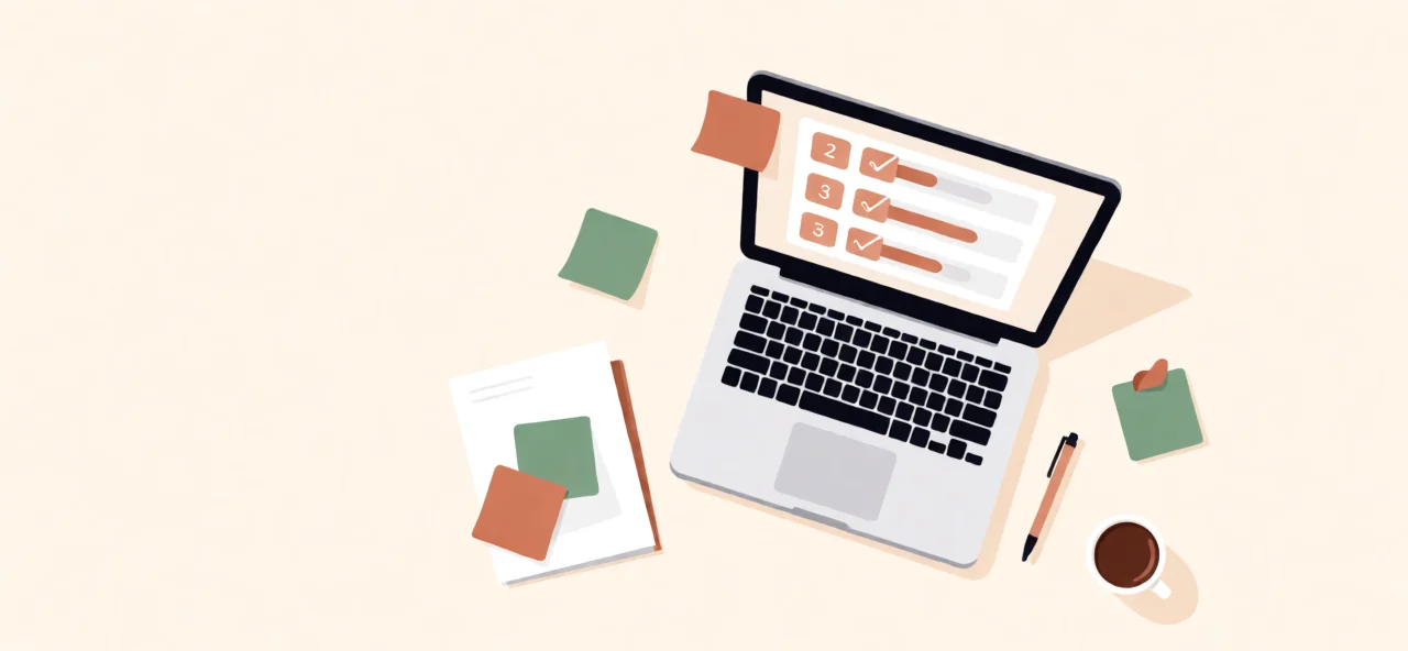 Illustration of a freelancer desk with a laptop showing a project plan, sticky notes and a coffee cup