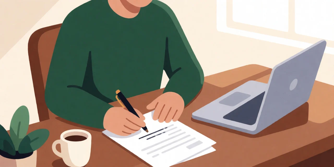 Illustration of a person at a home desk filling in paperwork next to a laptop and coffee